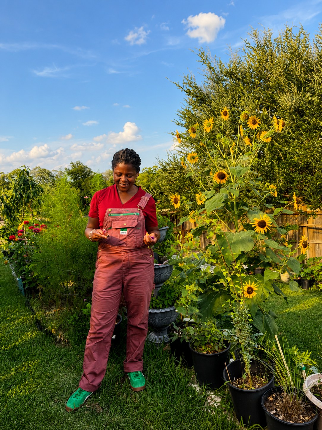 The founder of Veravyn Wellness smiling in her garden beside towering native sunflowers