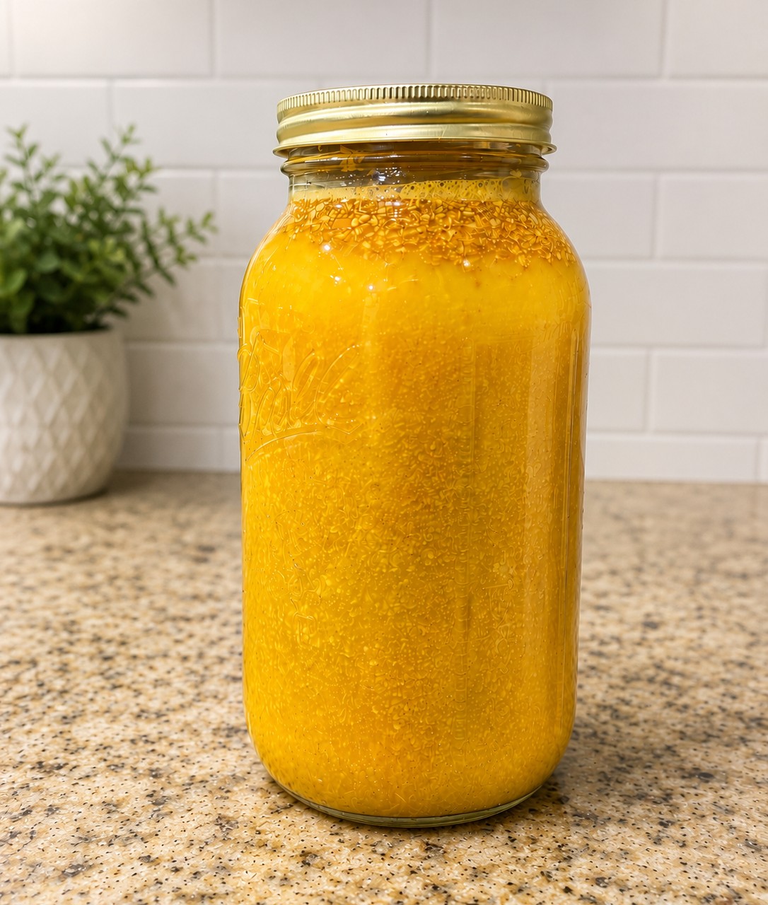 A half-gallon jar of freshly blended Golden Root infusion, deep gold with suspended root solids, before refrigeration