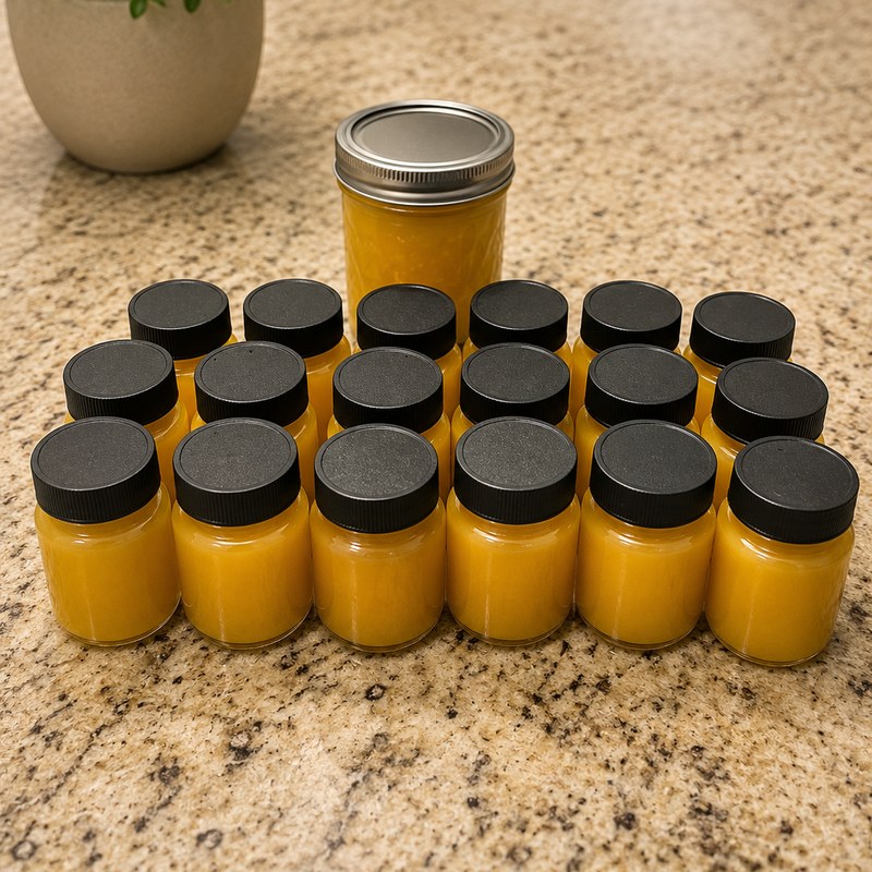 Rows of bottled Golden Root Infusion shots in front of the half-gallon infusion jar