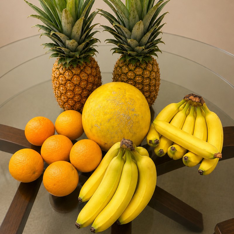 Fresh pineapples, oranges, bananas and melon on a table, ready for the Pineapple & Lemon batch